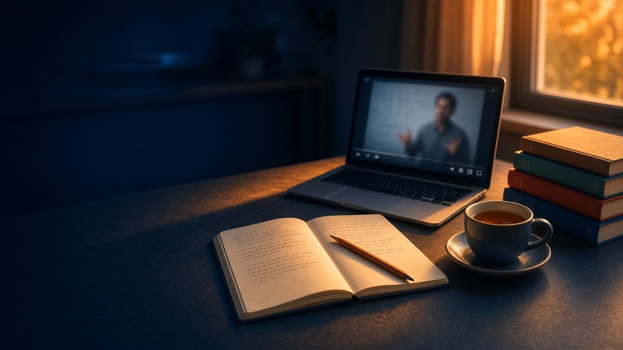 Schreibtisch mit Laptop, Notizbuch und Büchern